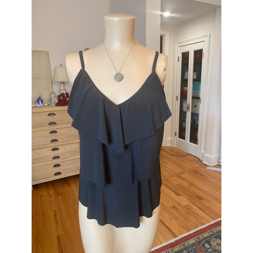 Aqua Green Womens Black Tiered Ruffle Tankini Top V-Neck Swim Large 868050R